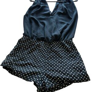 Zara Timeless Chic Sleeveless Chiffon V neck Navy White Polka Dot Romper M